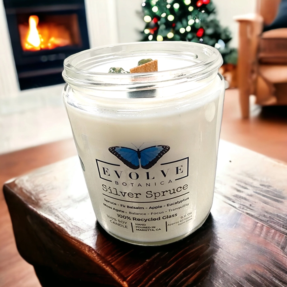 Wood Wick Crystal Soy Candle - Silver Spruce (Moss Agate)