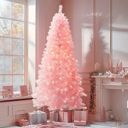 LuxenHome 6.5Ft Pre-Lit Pink Full Artificial Christmas Tree