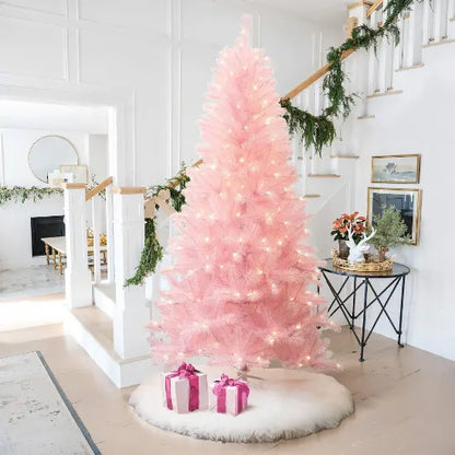 LuxenHome 6.5Ft Pre-Lit Pink Full Artificial Christmas Tree