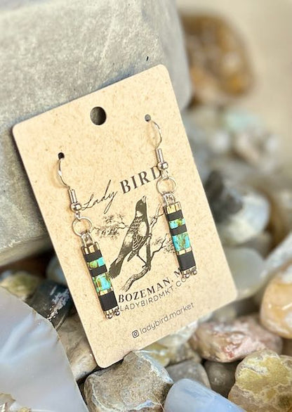 Jet Black, Turquoise & Gold or Silver Tila Bead Dangle Earrings