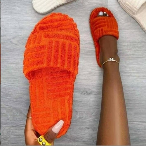 Thick Bottom Embossed Cotton Fur Women Slippers