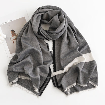 Herringbone Pattern Monochrome Artificial Cashmere Scarf Women's Simple Casual Style Tassel Warm Shawl