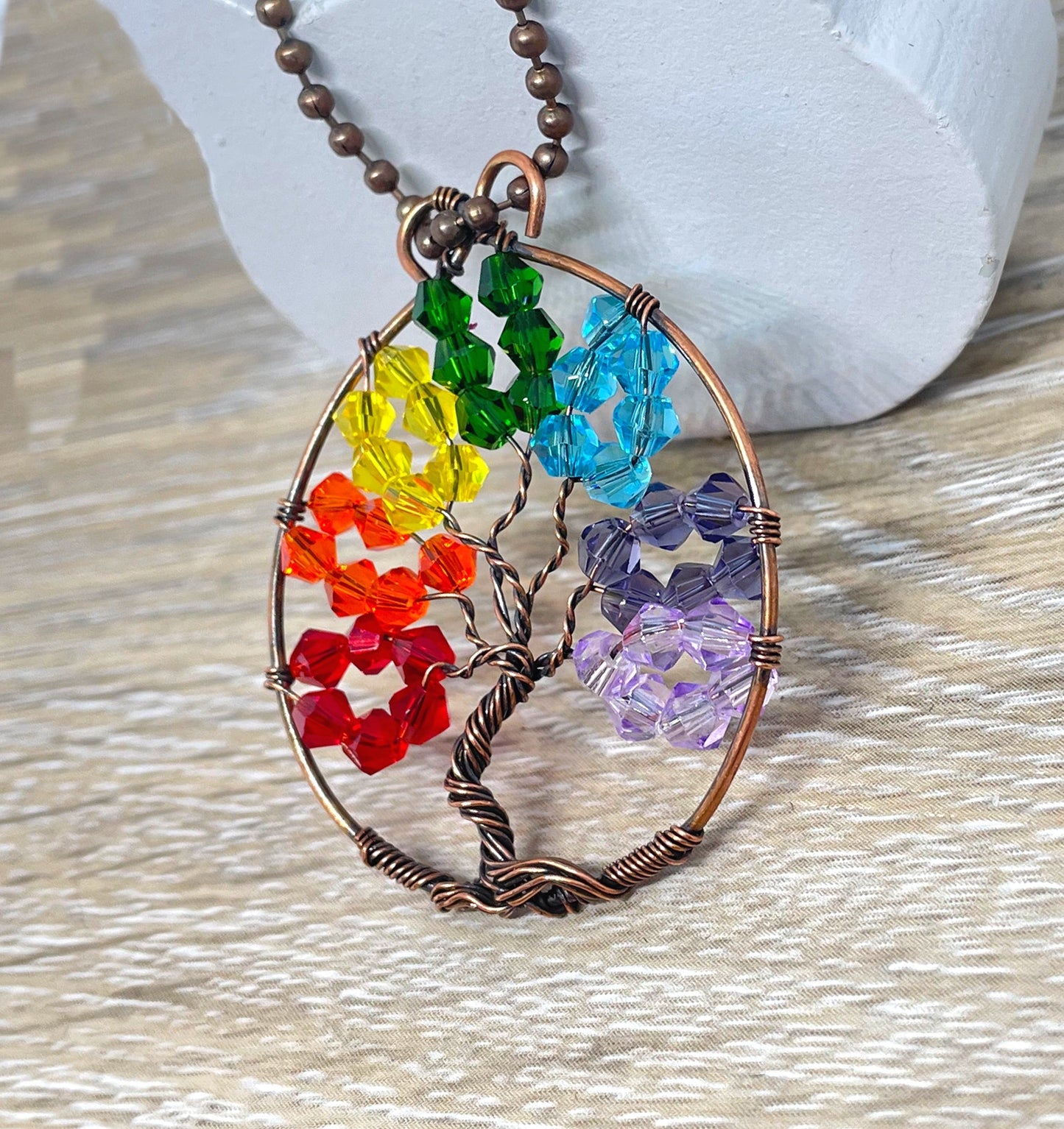 Wire Wrapped Rainbow Tree of Life Pendant with Glass Crystals