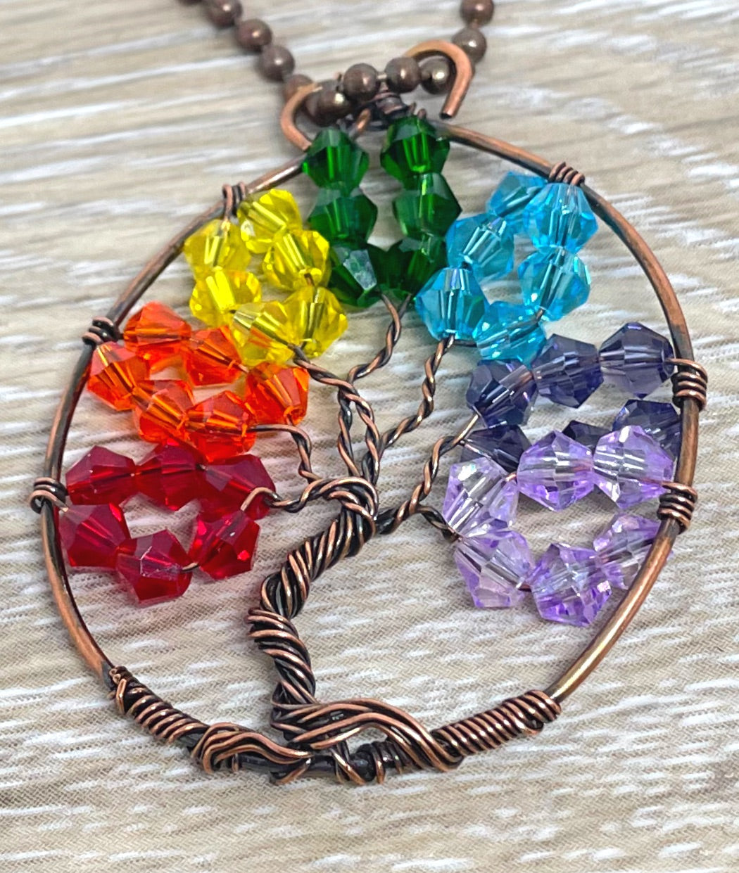 Wire Wrapped Rainbow Tree of Life Pendant with Glass Crystals