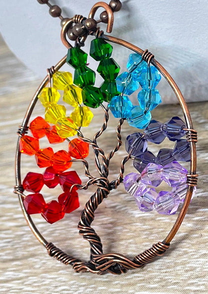 Wire Wrapped Rainbow Tree of Life Pendant with Glass Crystals