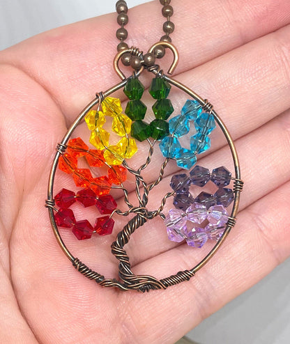 Wire Wrapped Rainbow Tree of Life Pendant with Glass Crystals