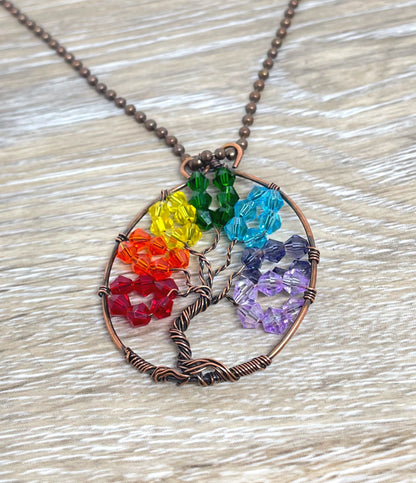 Wire Wrapped Rainbow Tree of Life Pendant with Glass Crystals