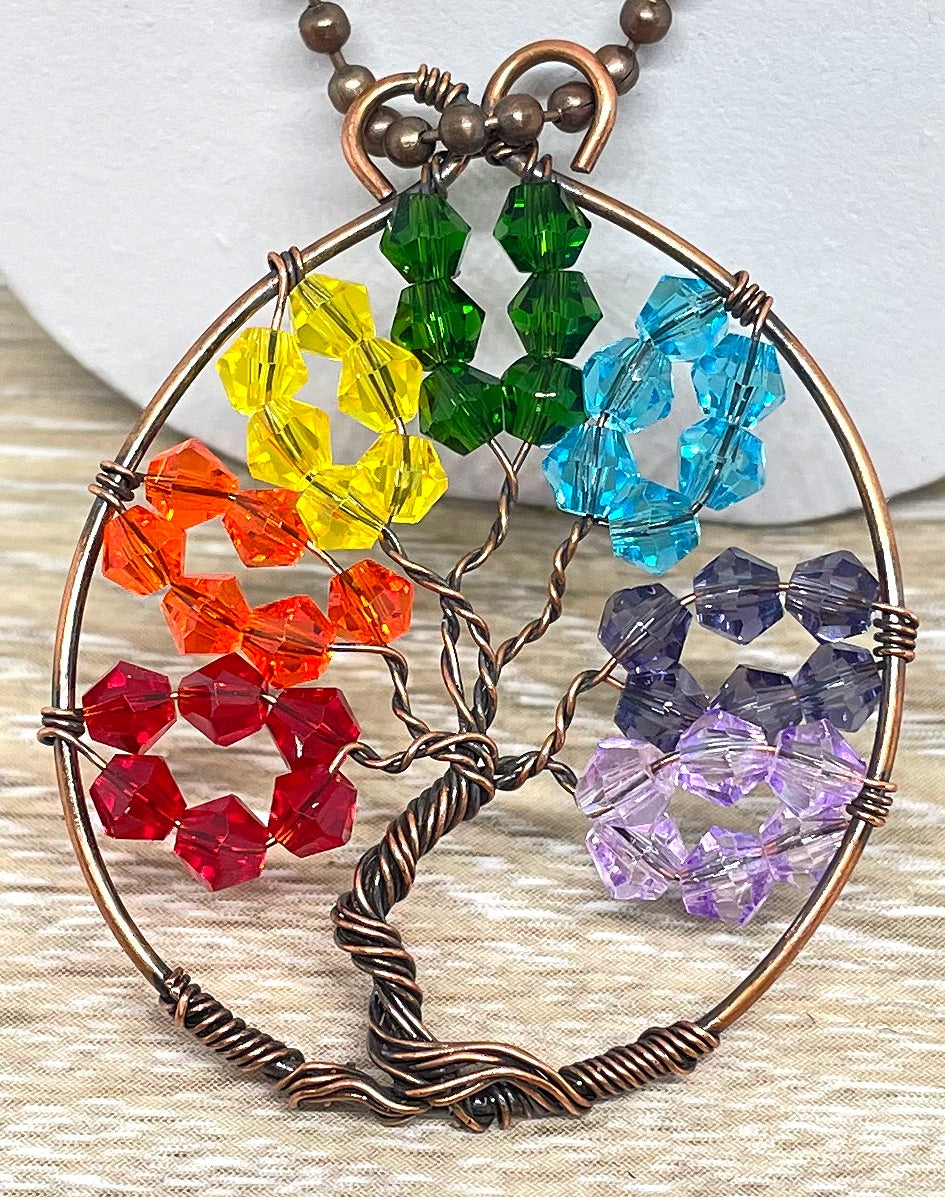 Wire Wrapped Rainbow Tree of Life Pendant with Glass Crystals